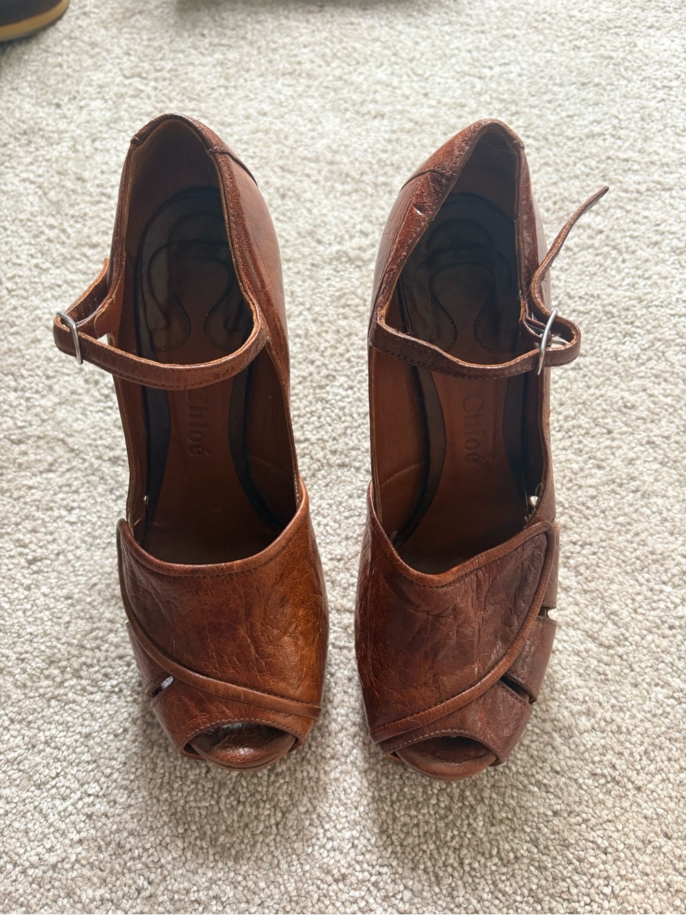 Chloe Brown Leather Peep-Toe Mary Jane Heels